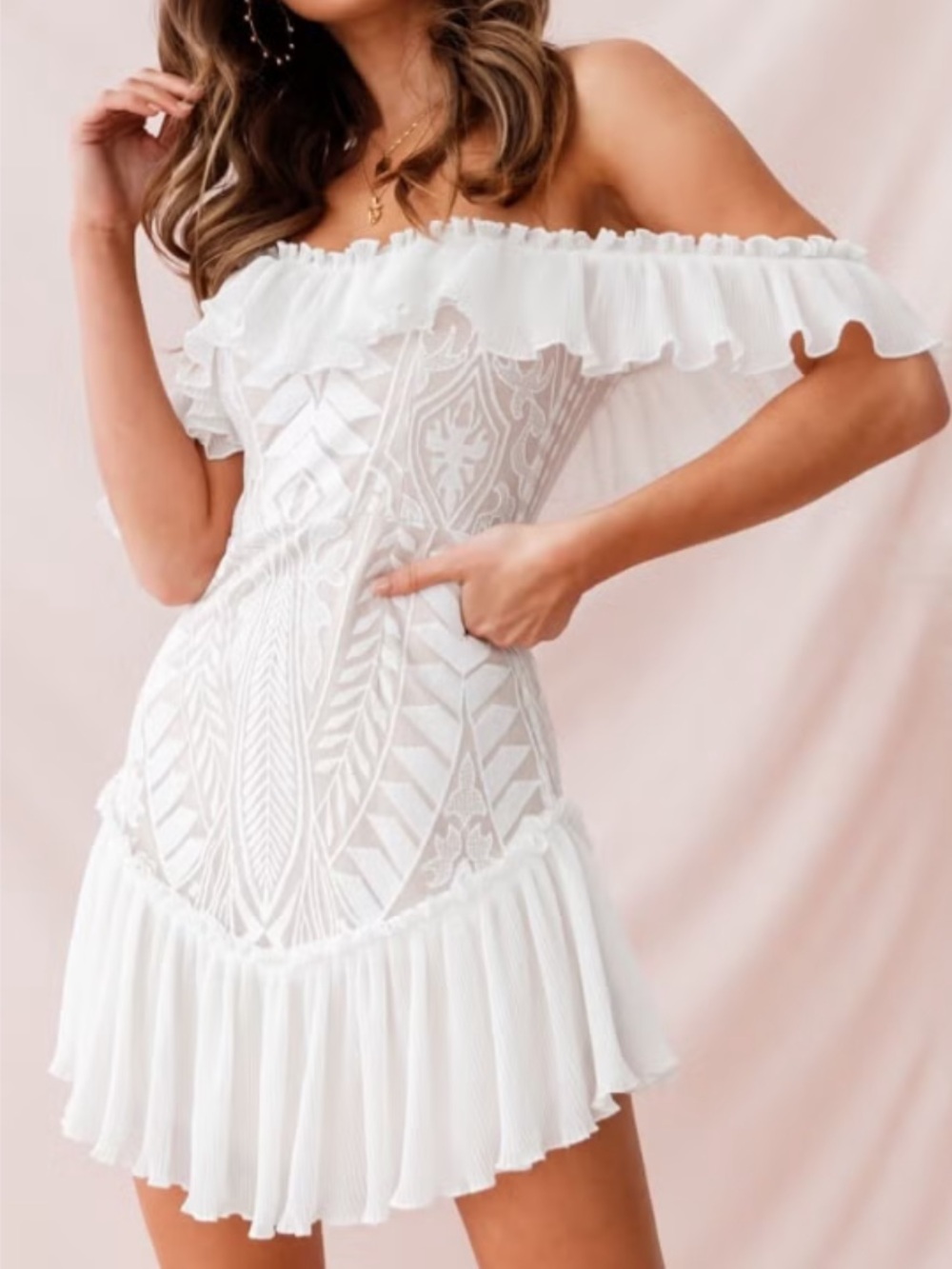 NWT Sage + Paige White Embroidered Ruffle-Trim Women's Dress